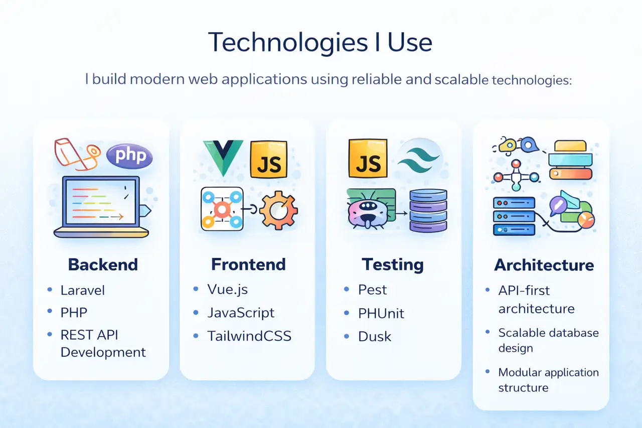 Illustration of technologies I use like PHP, Laravel, Vuejs, Tailwindcss, Php pest, PhpUnit, Api first architecture